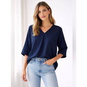 Joh Navy Boxy Blouse V-Neck Pleated Front Oversized Top Small